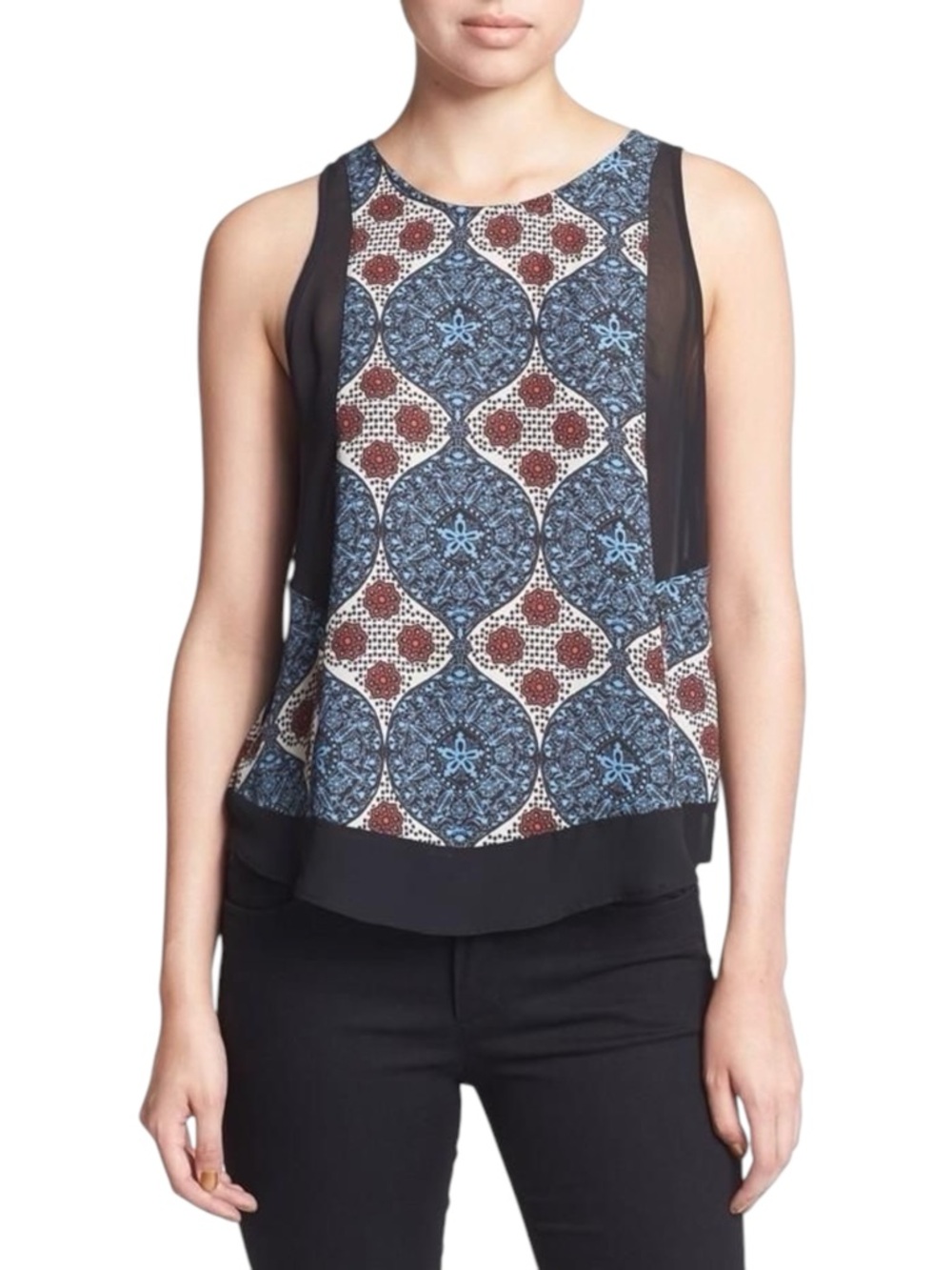 ASTR Black/Blue/White/Red Pattern Sleeveless Top (M)